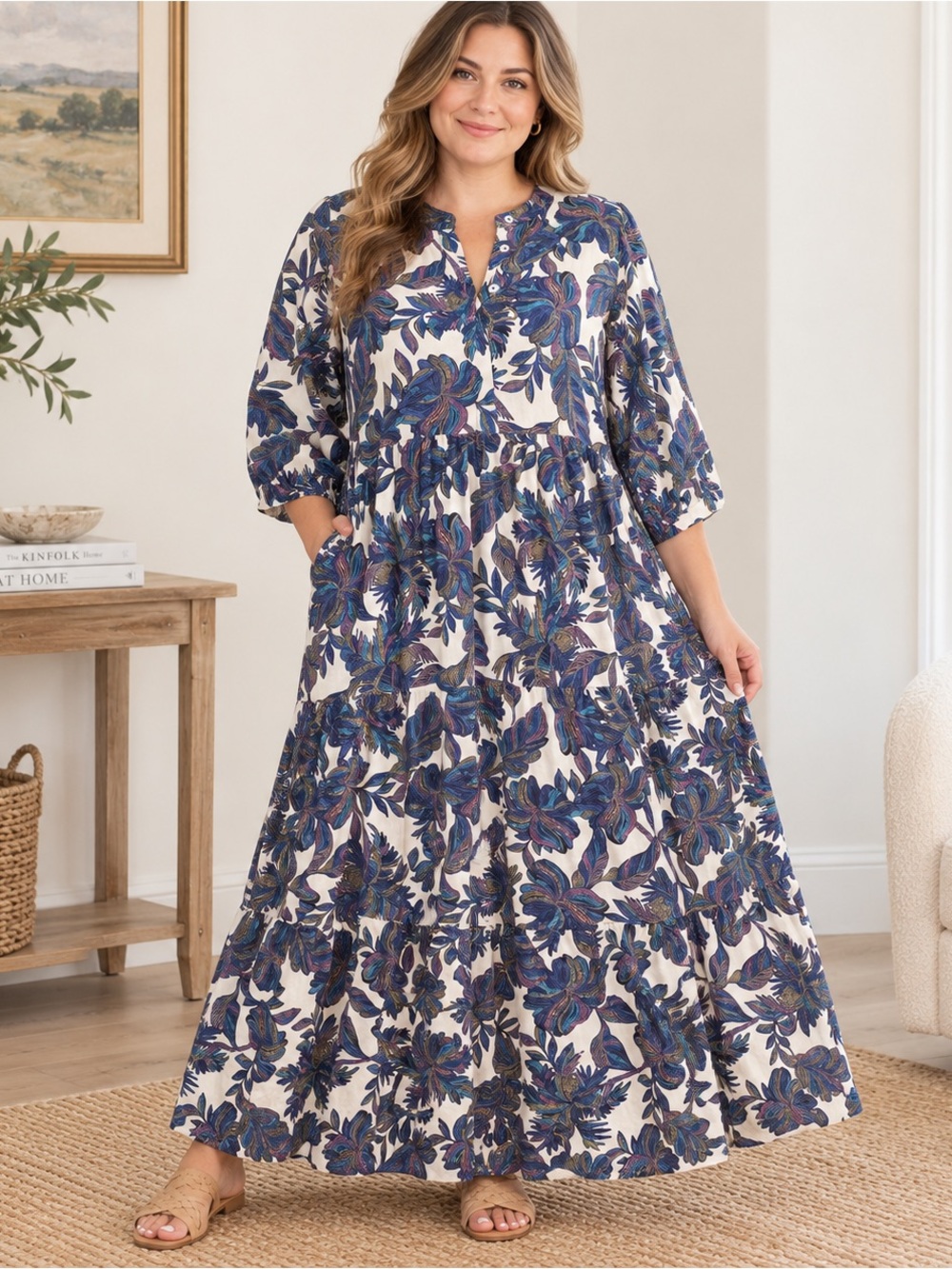 Umgee • Blue Botanical Print Tiered Maxi Dress • Boho Flowy • Size XL